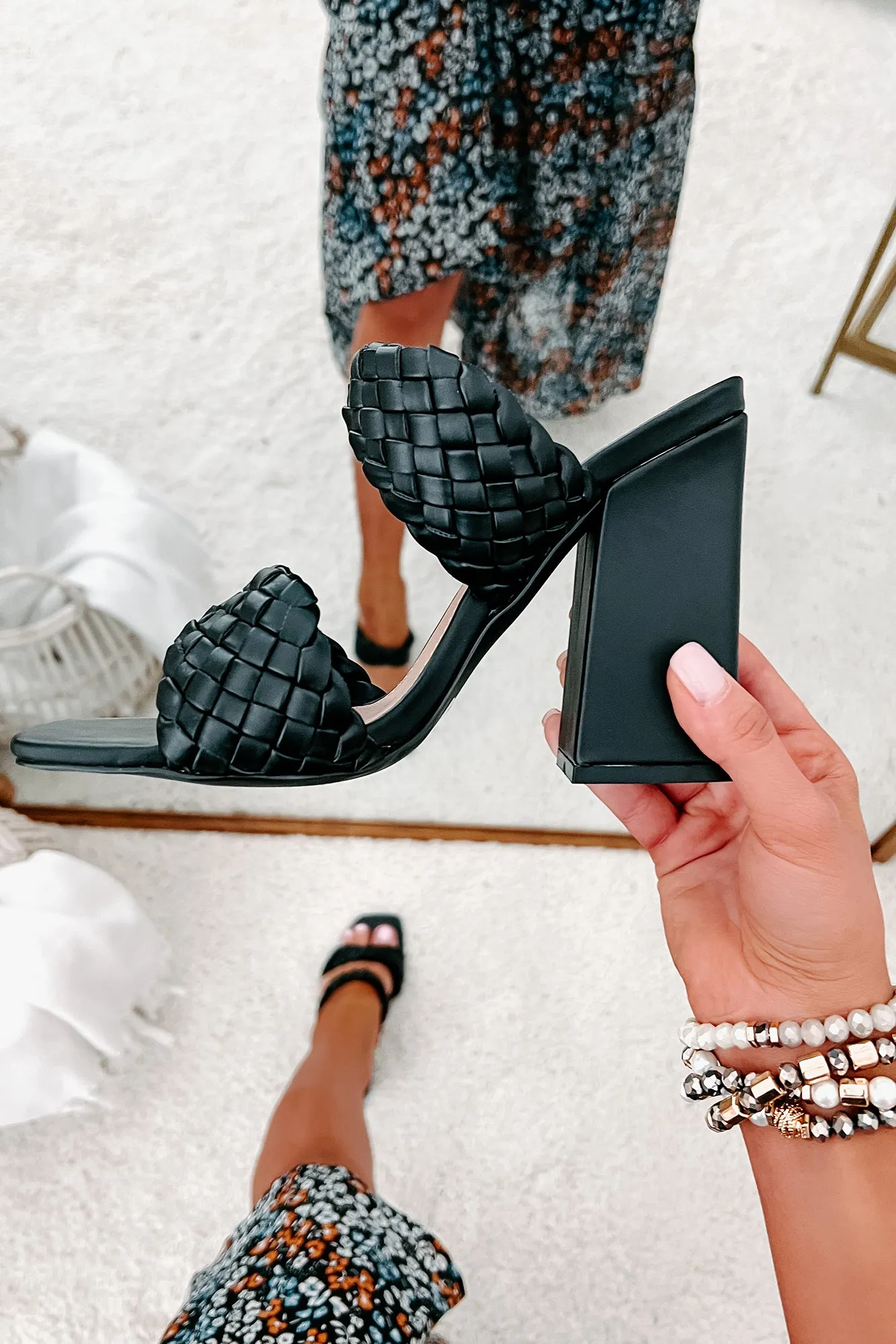 Being Exclusive Braided Strap Square Toe Heeled Sandals (Black)