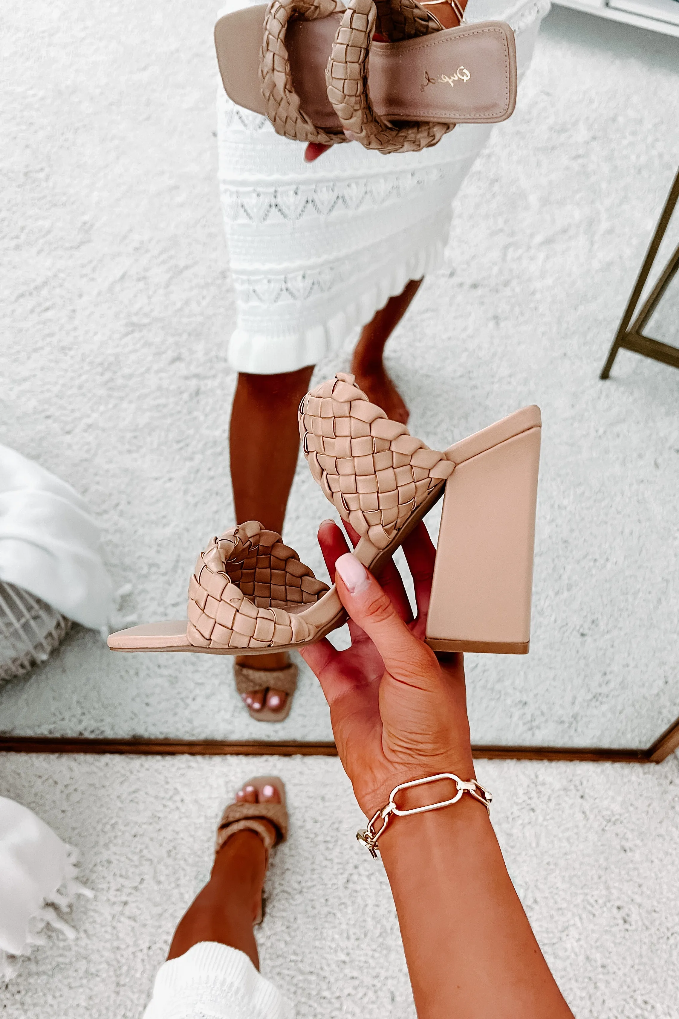 Being Exclusive Braided Strap Square Toe Heeled Sandals (Tan)