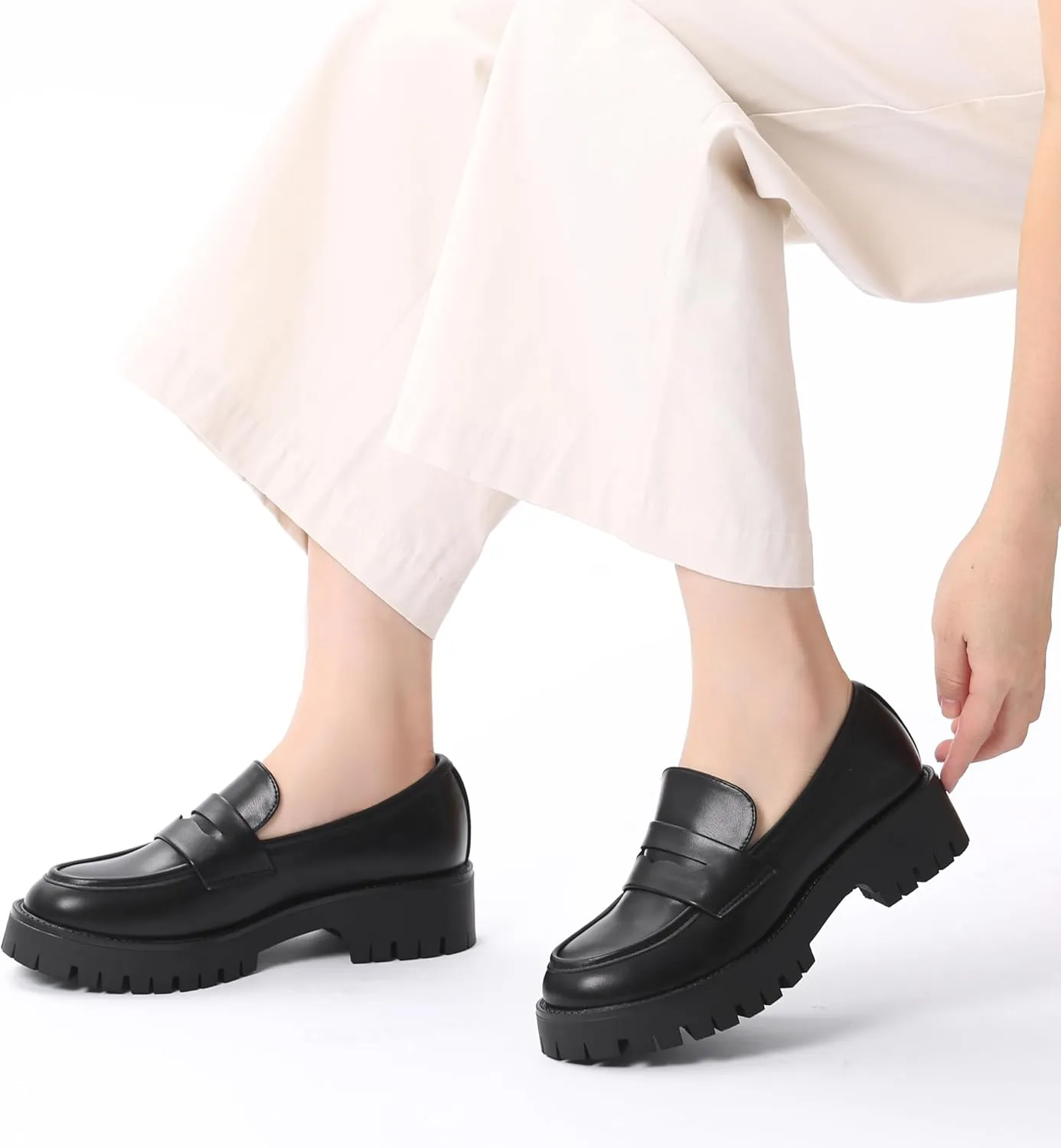 Bernal Women Chunky Platform Loafers Comfy Slip-On Penny Loafers Dressy Shoes Work School Party with Buckle