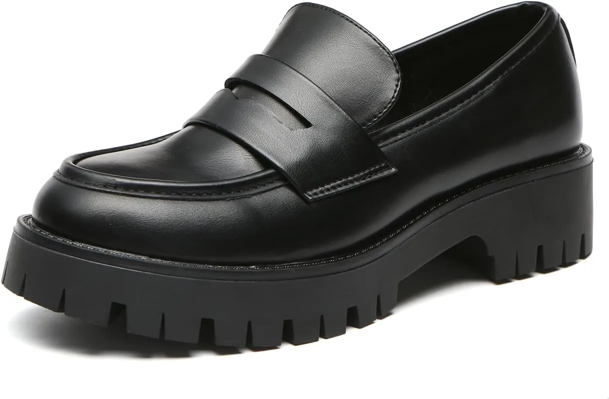 Bernal Women Chunky Platform Loafers Comfy Slip-On Penny Loafers Dressy Shoes Work School Party with Buckle
