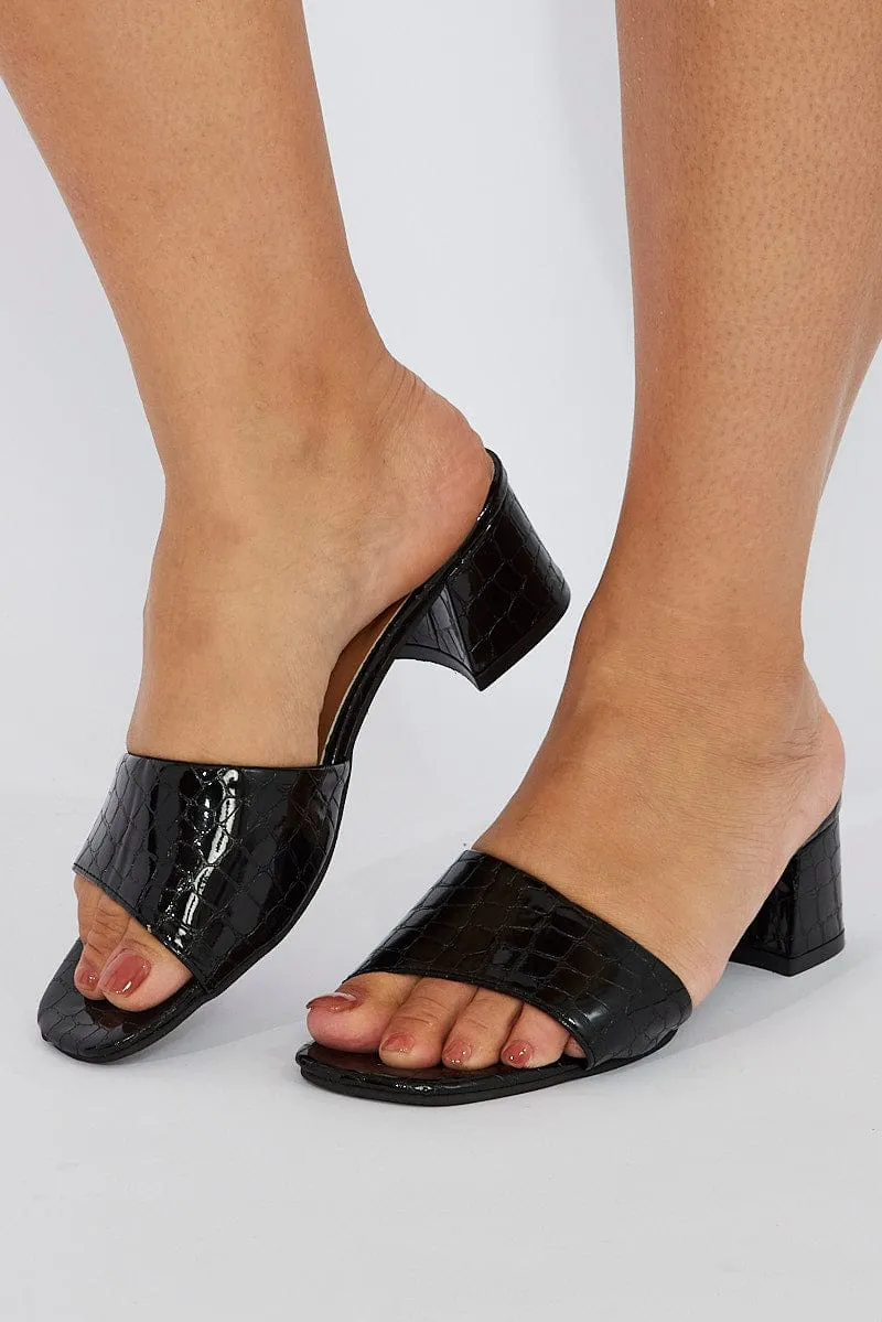 Black Chunky Heeled Mule Sandals