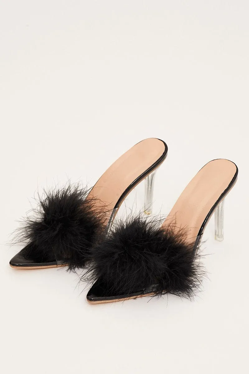 Black Faux Feather Stiletto Heeled Mule Sandals