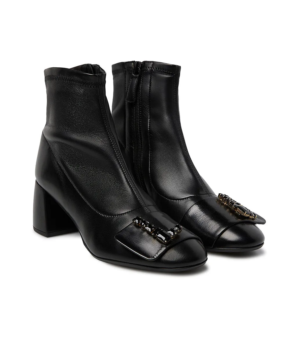 Black nappa leather bootie with rhinestone Logo Signature