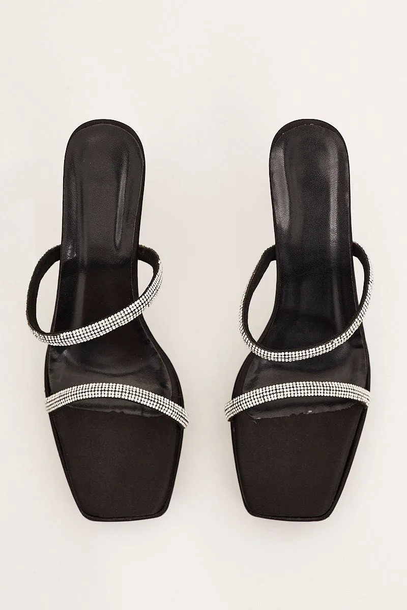 Black Rhinestone Decor Square Toe Mule Heeled Sandals