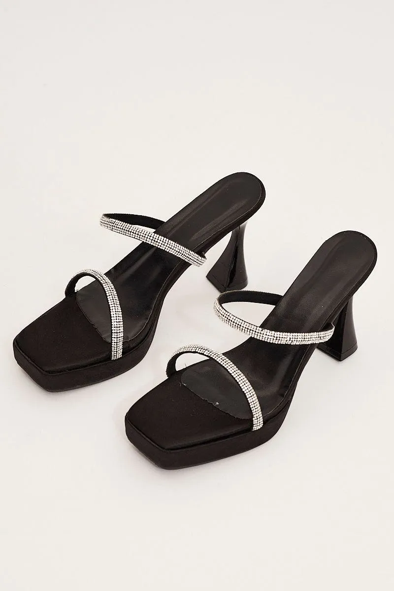 Black Rhinestone Decor Square Toe Mule Heeled Sandals