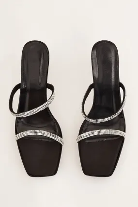 Black Rhinestone Decor Square Toe Mule Heeled Sandals