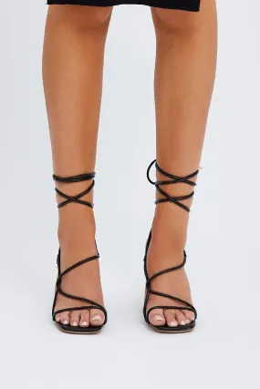 Black Strappy Tie Leg Heeled Sandals