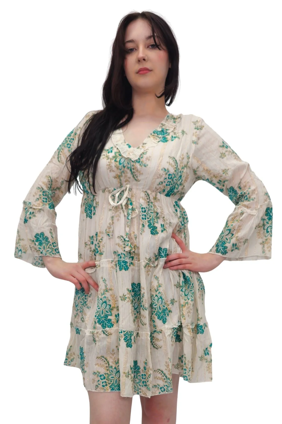 Cluster Flower Print Tiered Metallic Stripe Dress