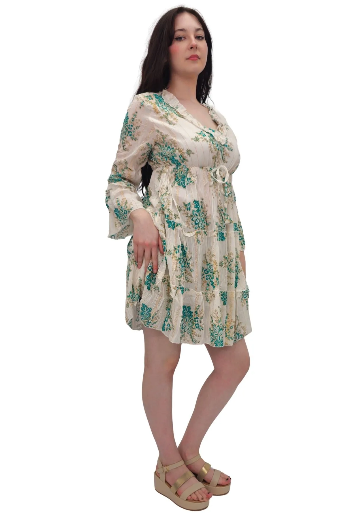 Cluster Flower Print Tiered Metallic Stripe Dress