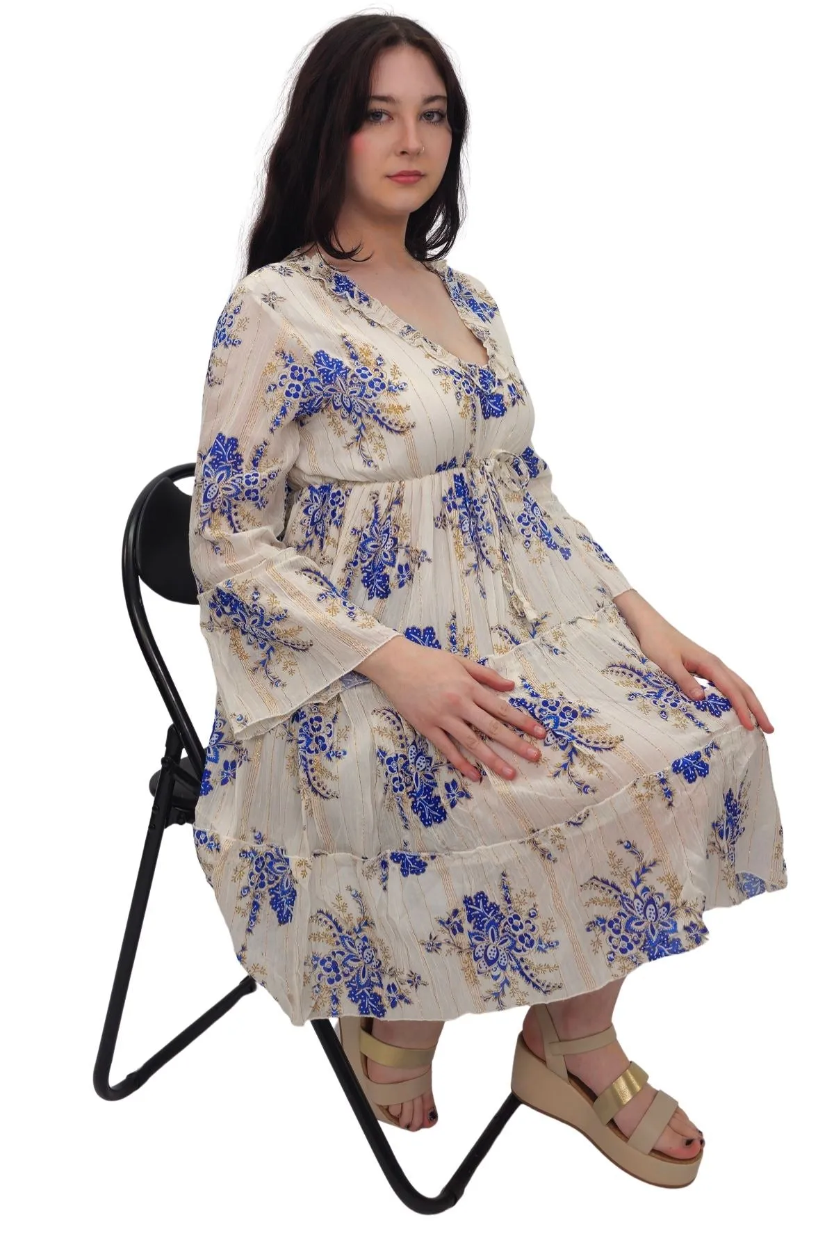 Cluster Flower Print Tiered Metallic Stripe Dress