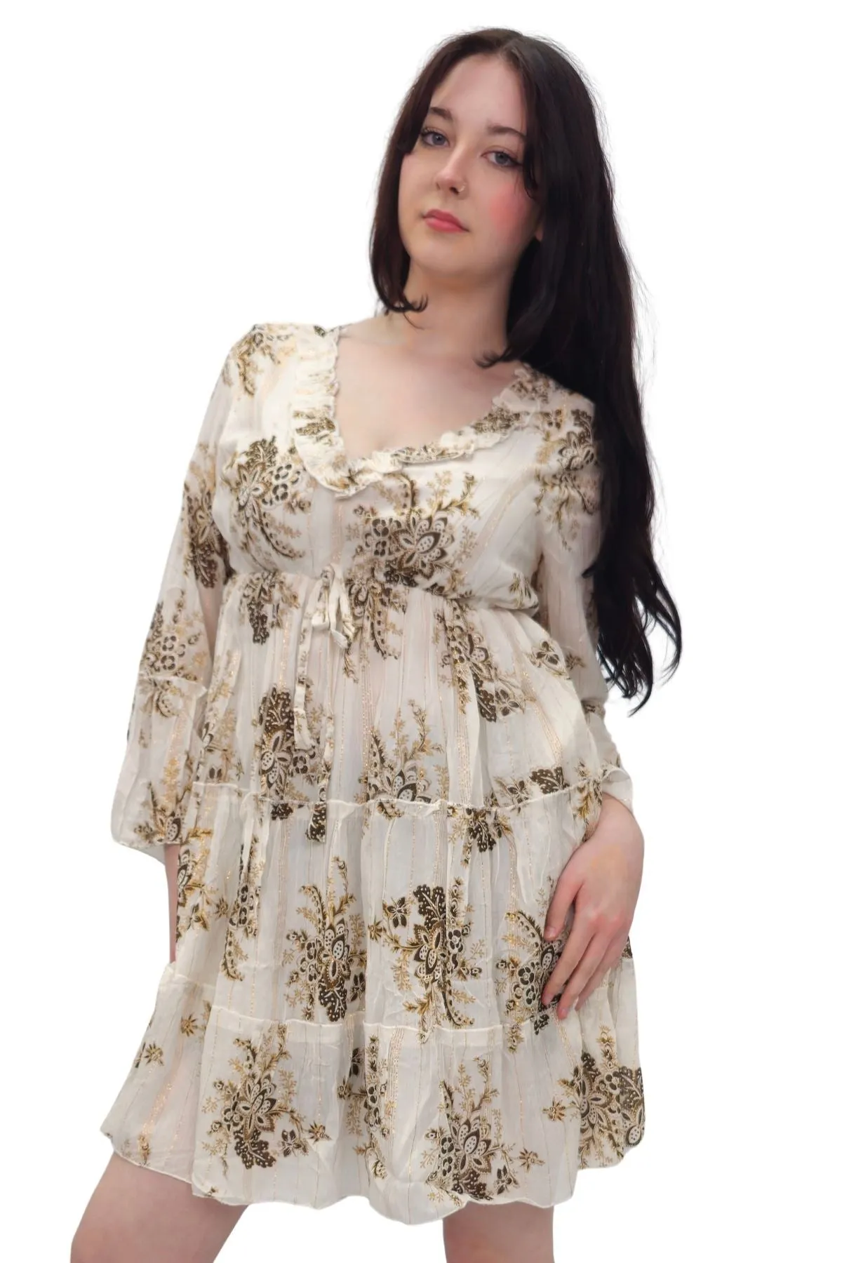 Cluster Flower Print Tiered Metallic Stripe Dress