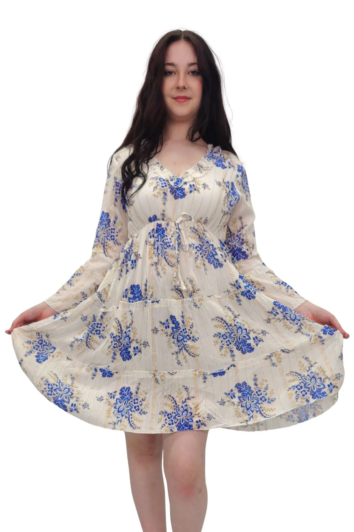 Cluster Flower Print Tiered Metallic Stripe Dress