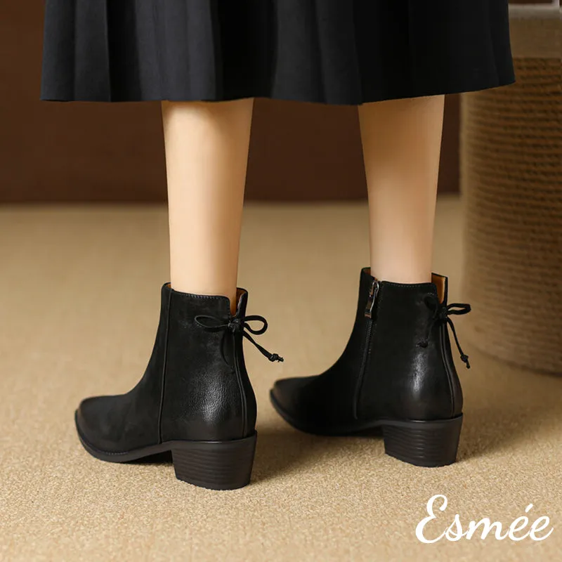 Lambskin Leather Ankle Boots with Rear Zippers and Bow Knot Design