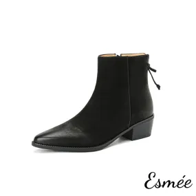 Lambskin Leather Ankle Boots with Rear Zippers and Bow Knot Design