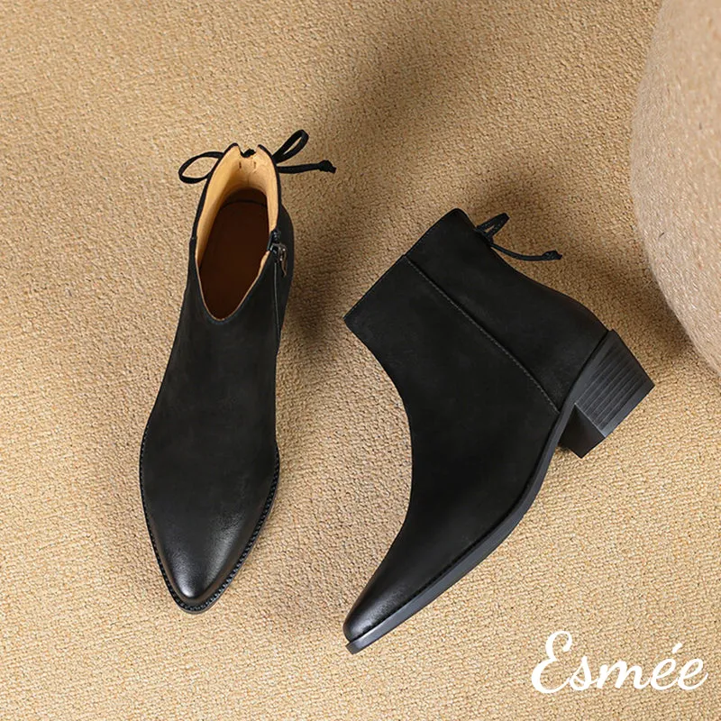 Lambskin Leather Ankle Boots with Rear Zippers and Bow Knot Design