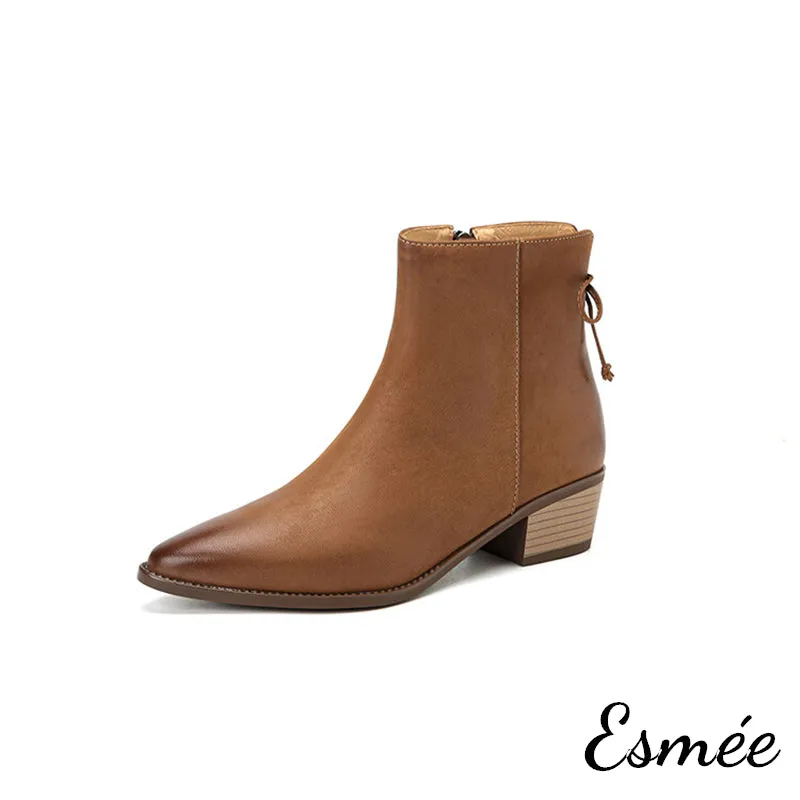 Lambskin Leather Ankle Boots with Rear Zippers and Bow Knot Design