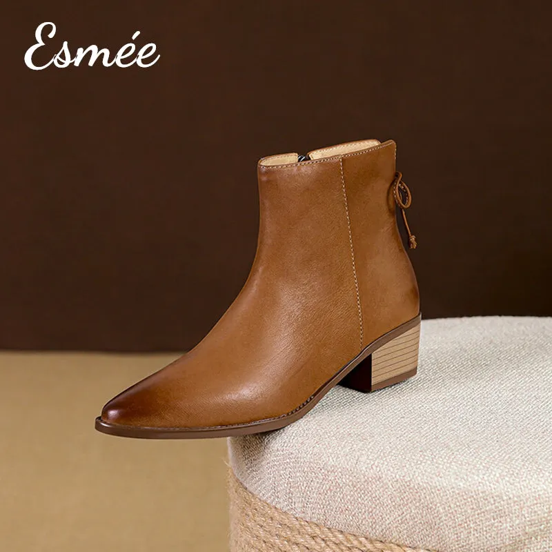 Lambskin Leather Ankle Boots with Rear Zippers and Bow Knot Design