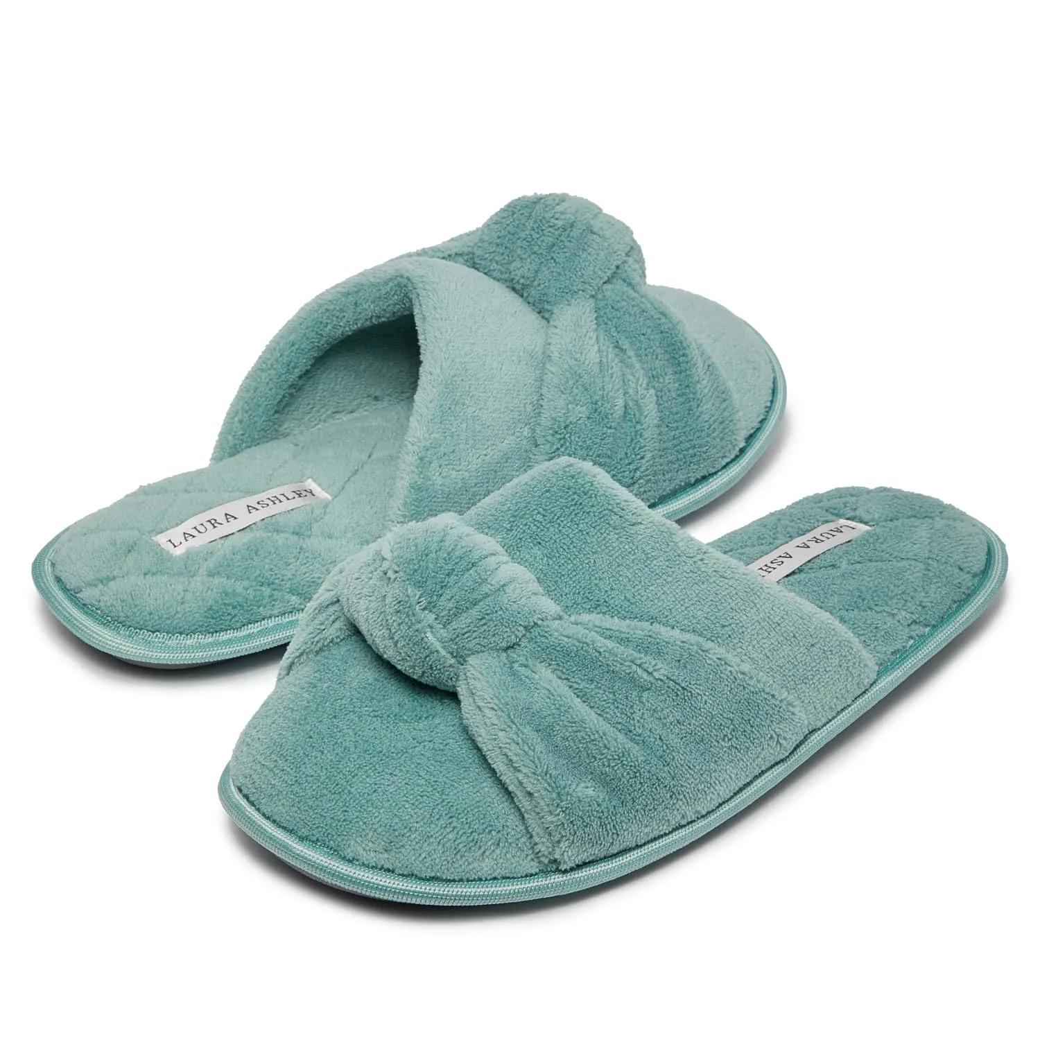 Laura Ashley Soft Terry Knot Scuff Slippers for Women - Comfy Non Slip Closed Toe Bedroom Slipper - Cozy Slide On Womens House Slippers