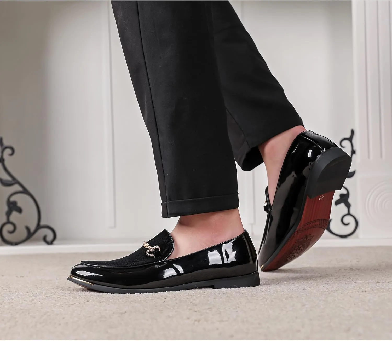 LCQL Men's Luxury Velvet Loafers Patent Leather Oxford Classic Gold Buckle Business Party Prom Club Dress Shoes Size 7-13