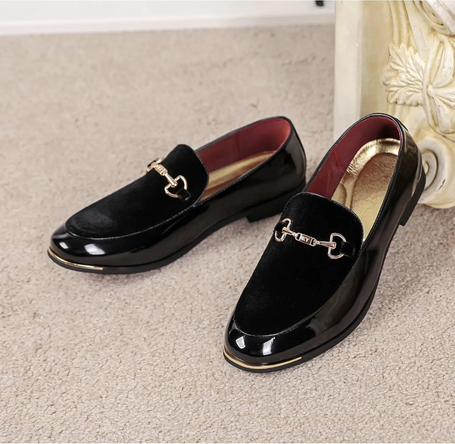 LCQL Men's Luxury Velvet Loafers Patent Leather Oxford Classic Gold Buckle Business Party Prom Club Dress Shoes Size 7-13