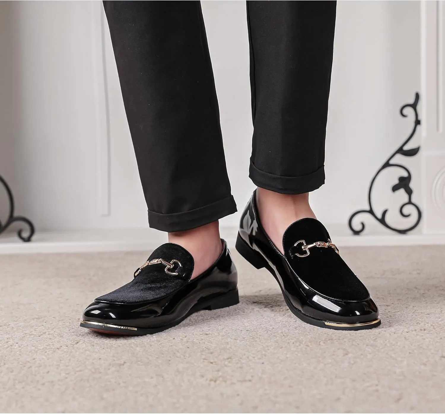 LCQL Men's Luxury Velvet Loafers Patent Leather Oxford Classic Gold Buckle Business Party Prom Club Dress Shoes Size 7-13