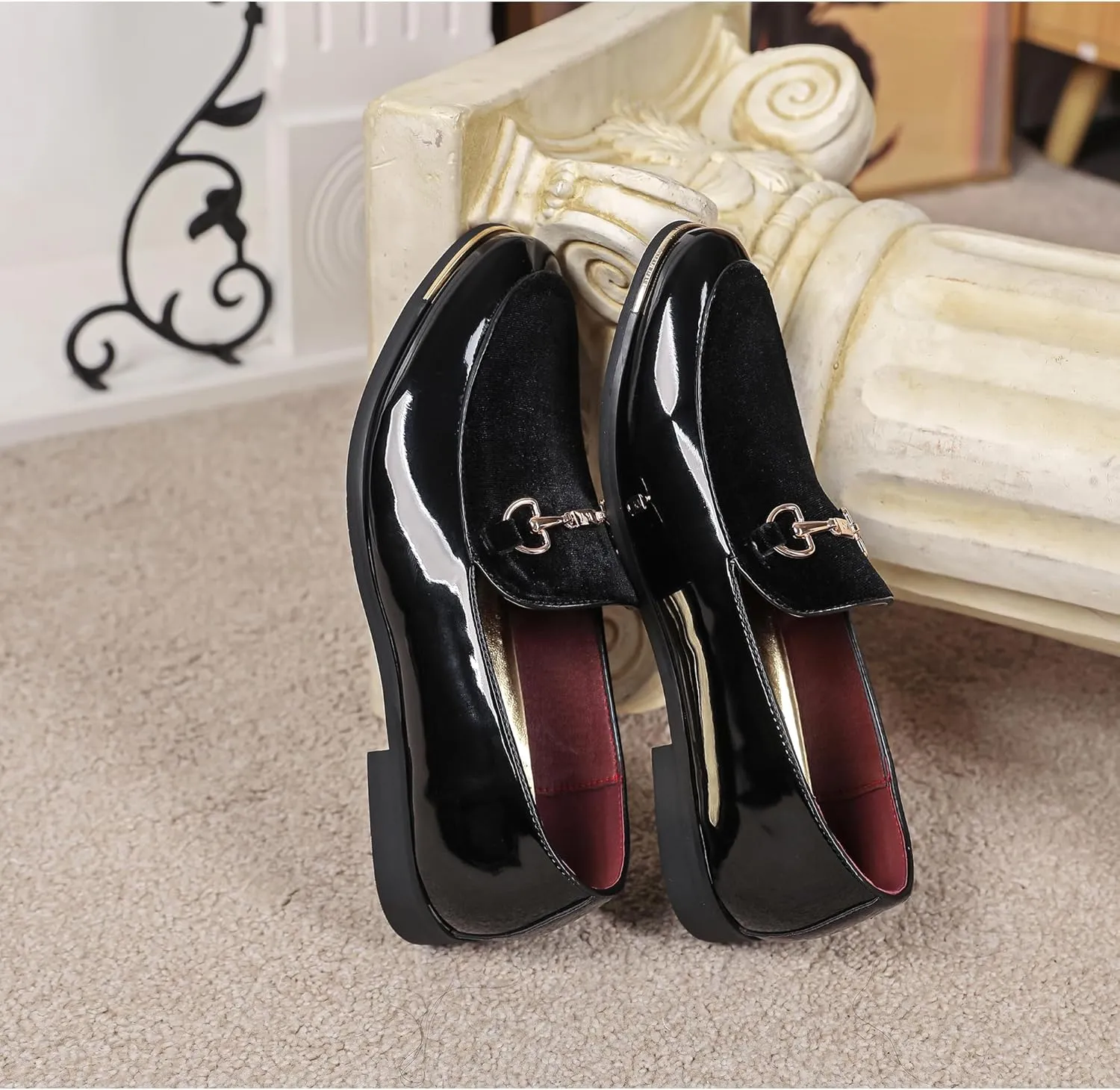 LCQL Men's Luxury Velvet Loafers Patent Leather Oxford Classic Gold Buckle Business Party Prom Club Dress Shoes Size 7-13