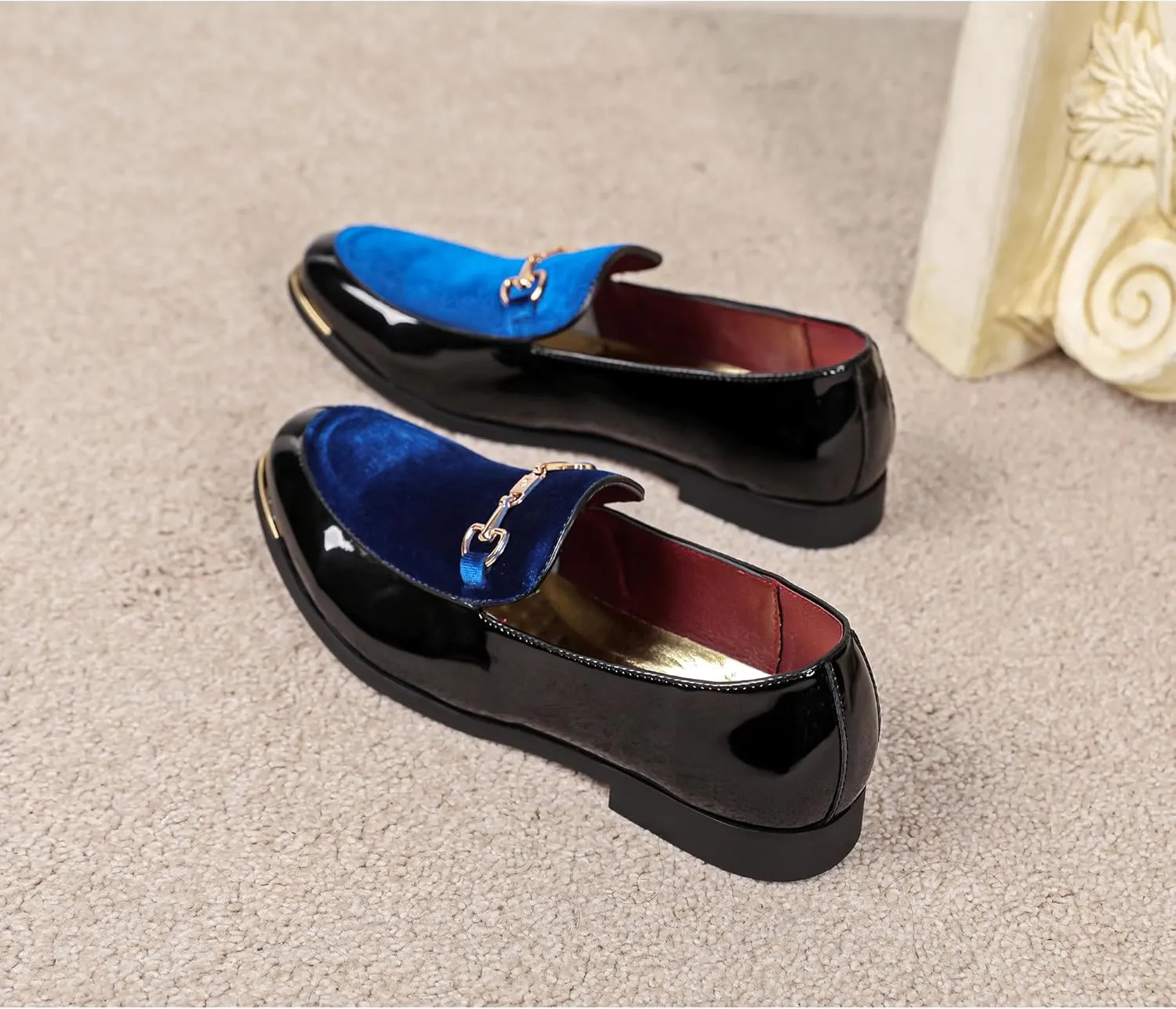 LCQL Men's Luxury Velvet Loafers Patent Leather Oxford Classic Gold Buckle Business Party Prom Club Dress Shoes Size 7-13