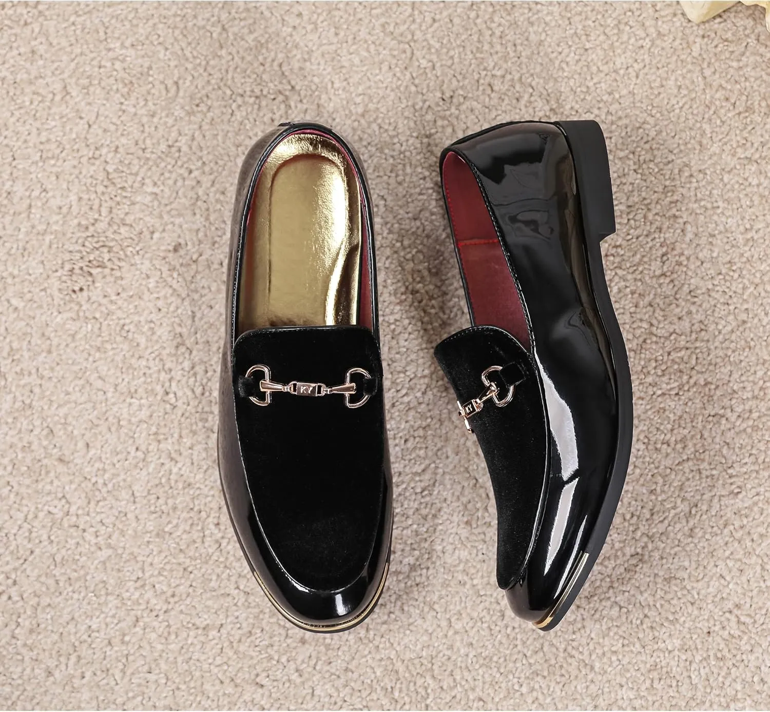 LCQL Men's Luxury Velvet Loafers Patent Leather Oxford Classic Gold Buckle Business Party Prom Club Dress Shoes Size 7-13