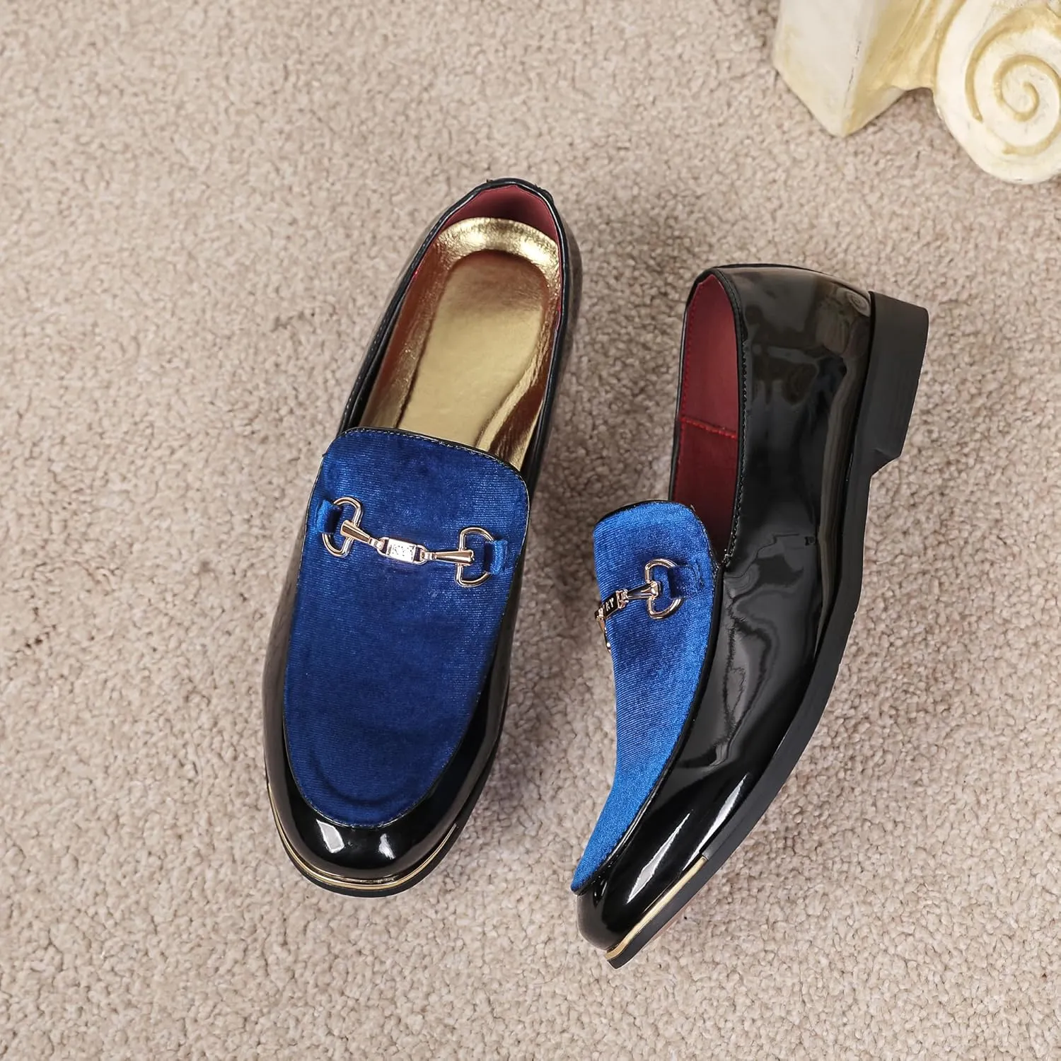 LCQL Men's Luxury Velvet Loafers Patent Leather Oxford Classic Gold Buckle Business Party Prom Club Dress Shoes Size 7-13