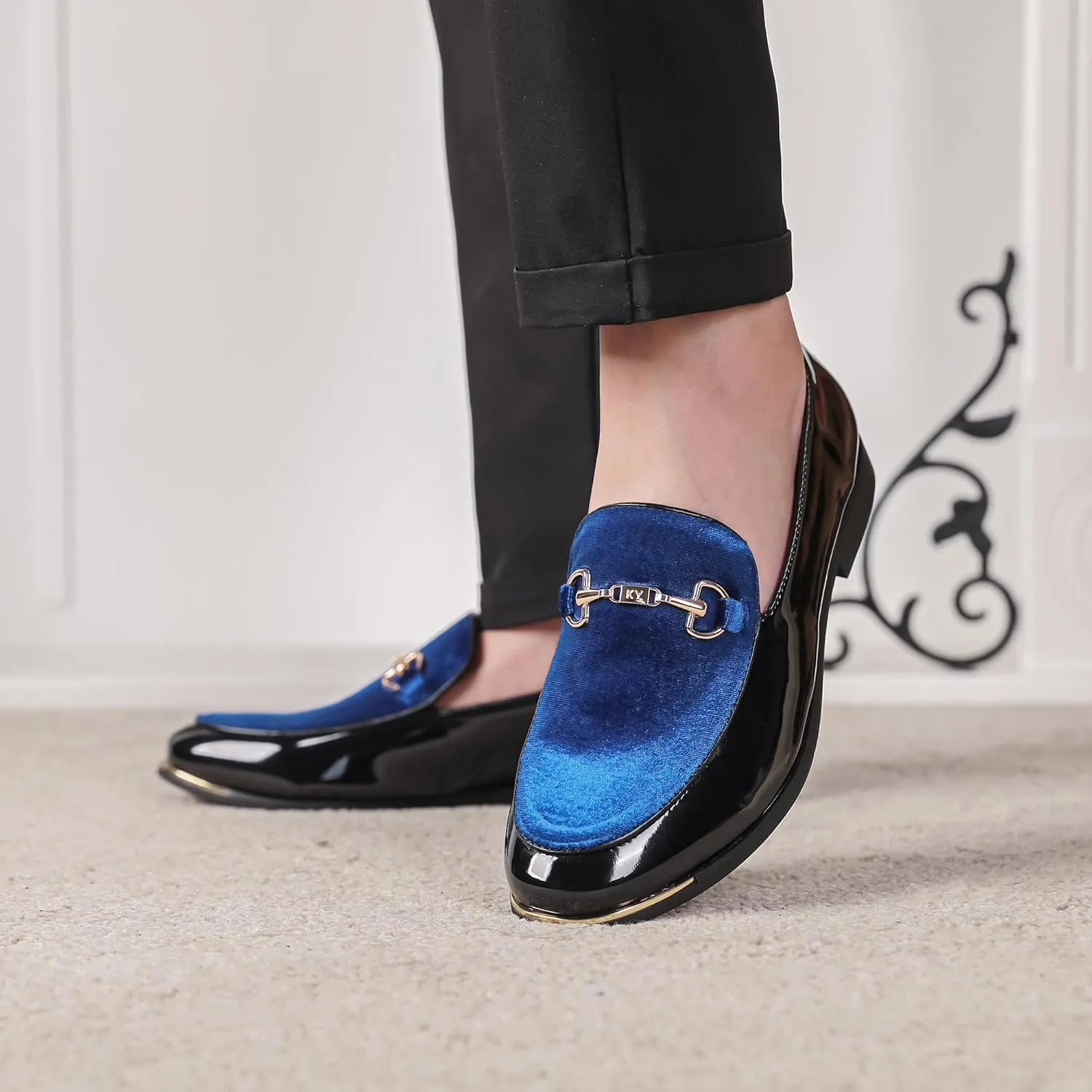 LCQL Men's Luxury Velvet Loafers Patent Leather Oxford Classic Gold Buckle Business Party Prom Club Dress Shoes Size 7-13