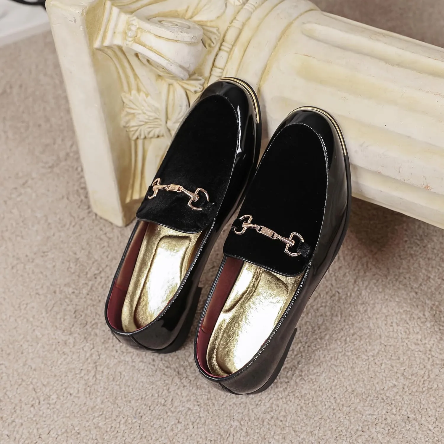 LCQL Men's Luxury Velvet Loafers Patent Leather Oxford Classic Gold Buckle Business Party Prom Club Dress Shoes Size 7-13