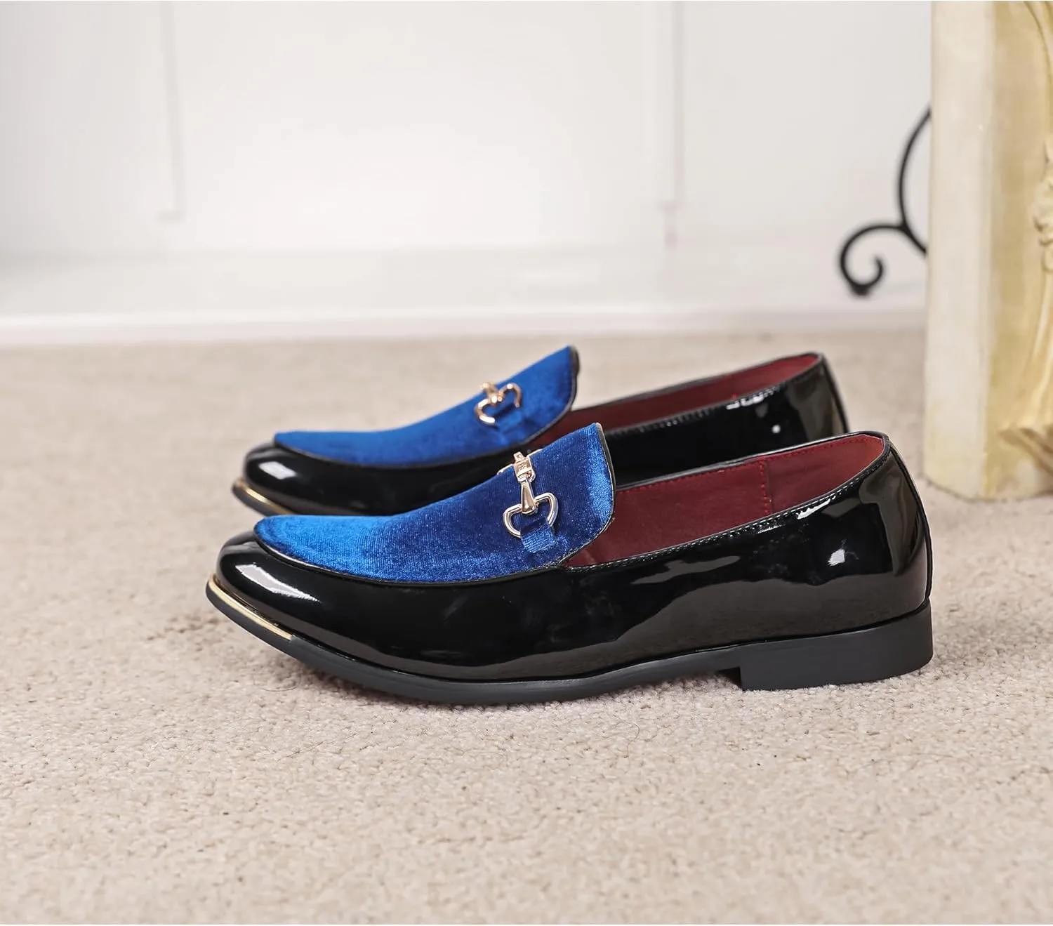 LCQL Men's Luxury Velvet Loafers Patent Leather Oxford Classic Gold Buckle Business Party Prom Club Dress Shoes Size 7-13