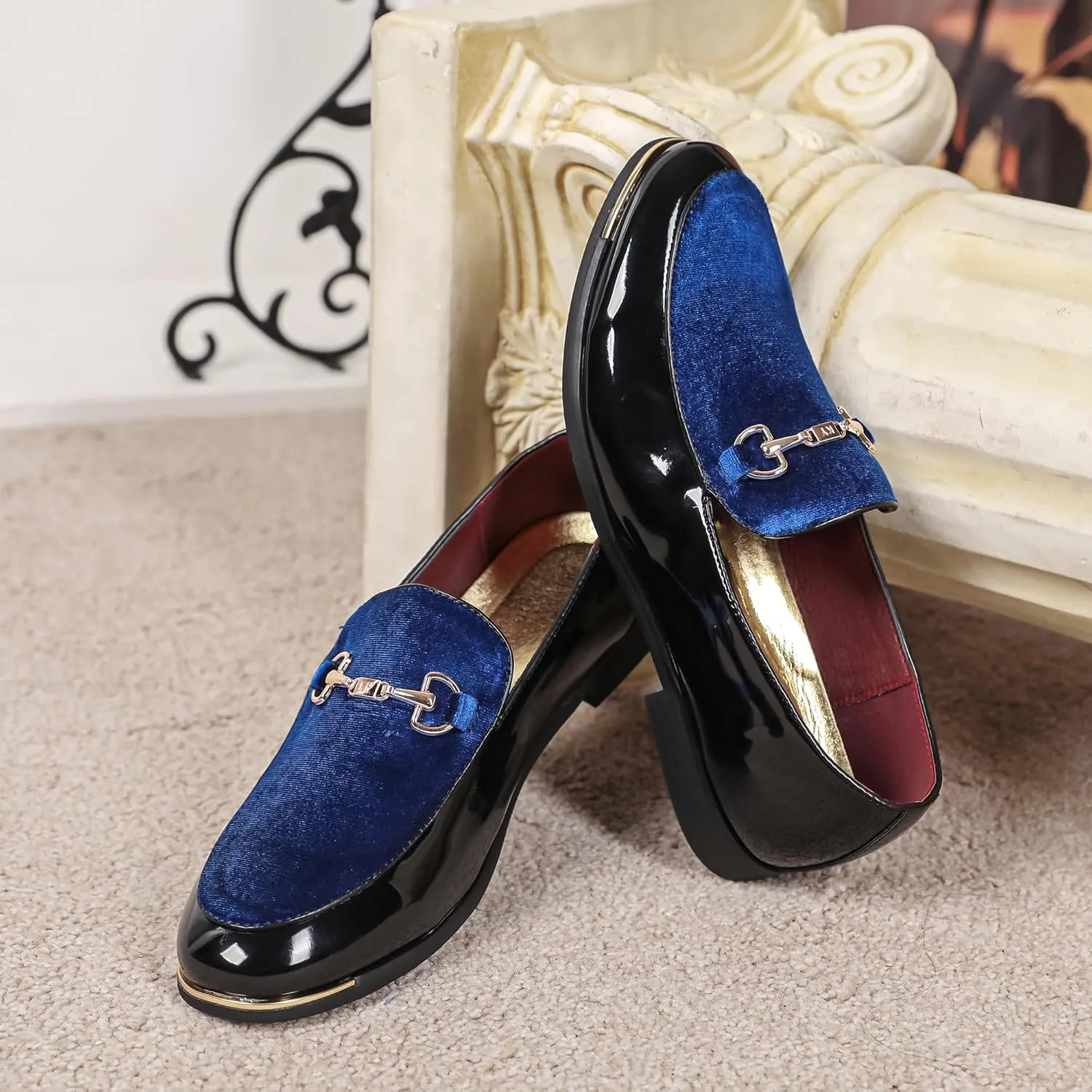 LCQL Men's Luxury Velvet Loafers Patent Leather Oxford Classic Gold Buckle Business Party Prom Club Dress Shoes Size 7-13