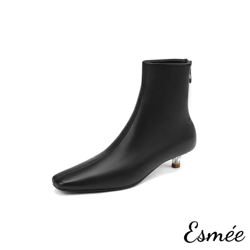 Leather Ankle Boots with Transparent Kitten Heels