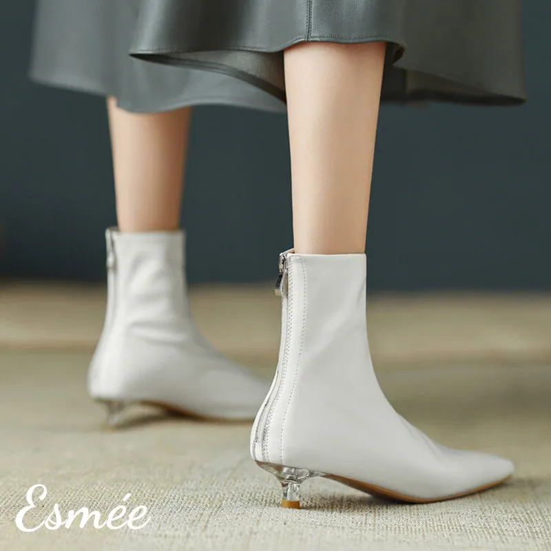 Leather Ankle Boots with Transparent Kitten Heels