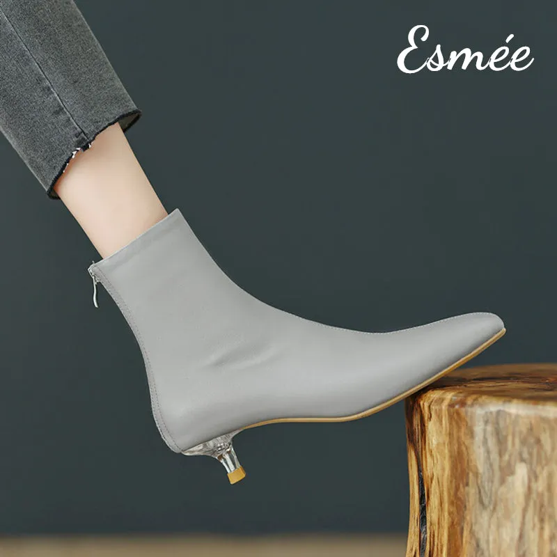 Leather Ankle Boots with Transparent Kitten Heels