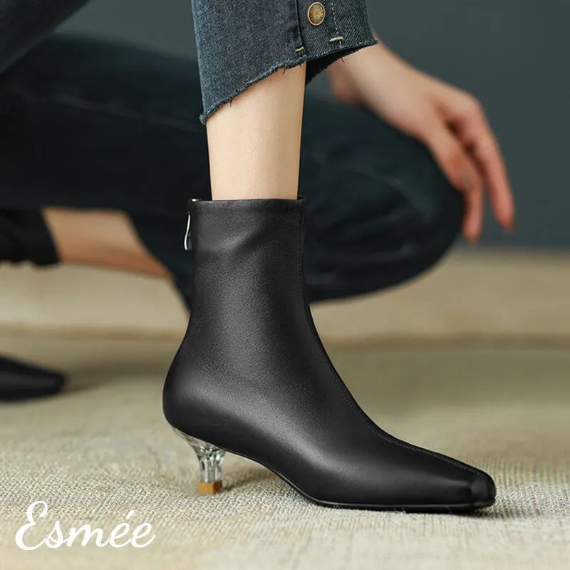 Leather Ankle Boots with Transparent Kitten Heels