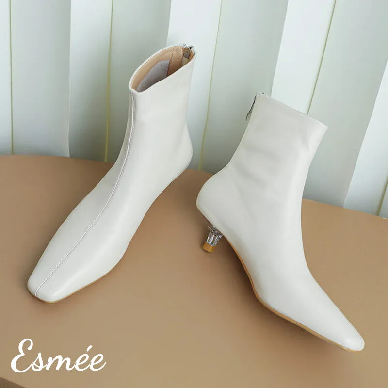 Leather Ankle Boots with Transparent Kitten Heels
