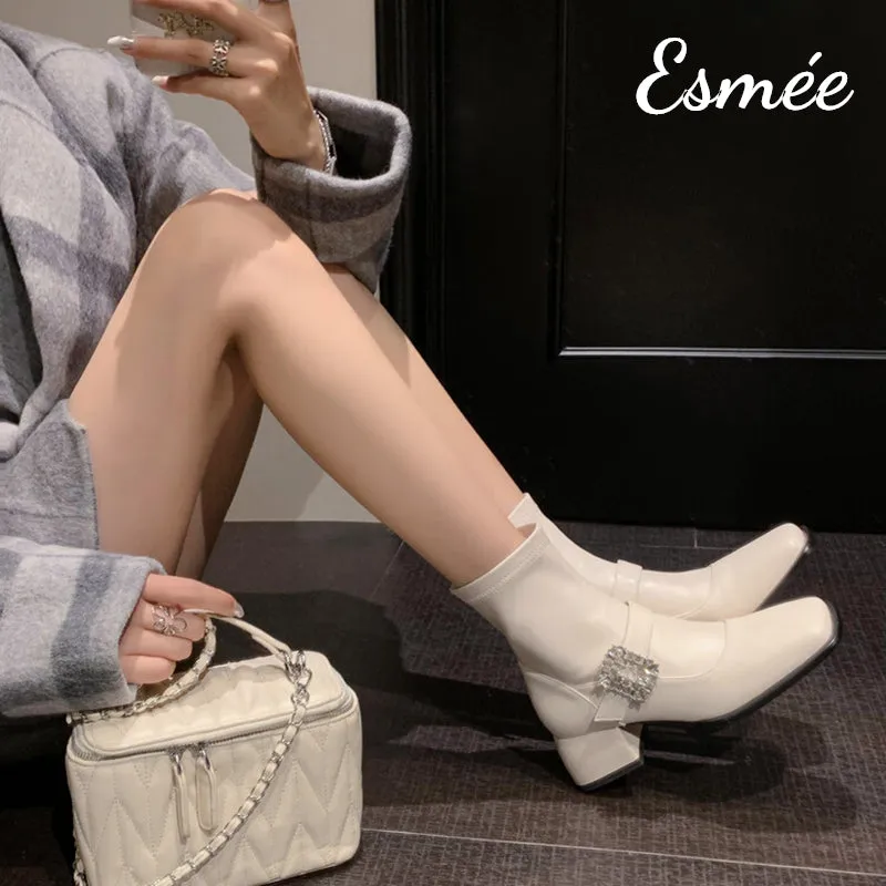 Leather High Heel Ankle Boots with Rhinestone Buckle