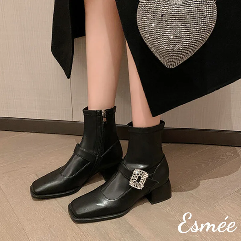 Leather High Heel Ankle Boots with Rhinestone Buckle