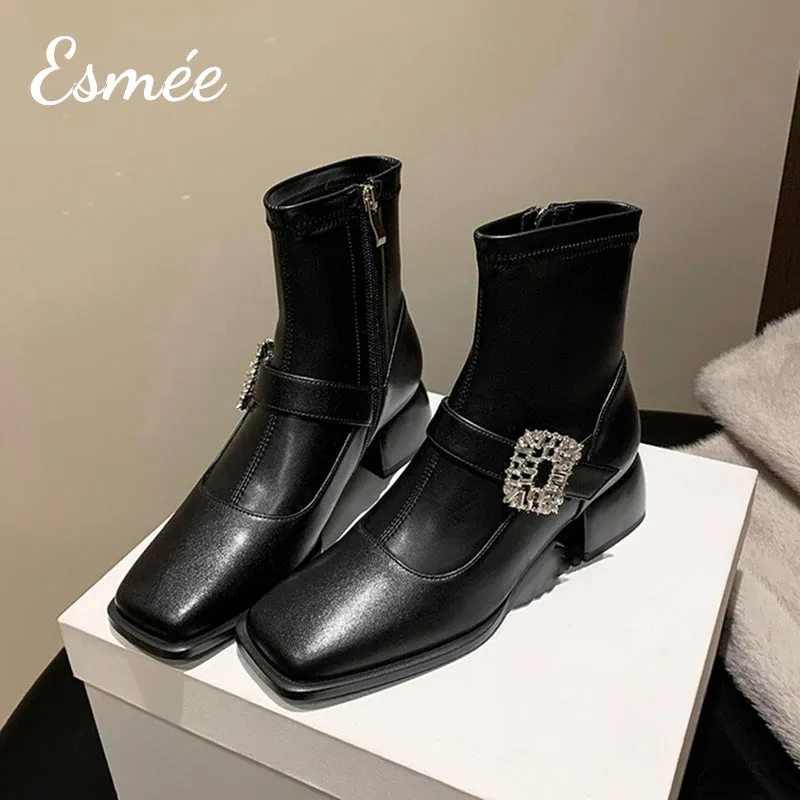 Leather High Heel Ankle Boots with Rhinestone Buckle