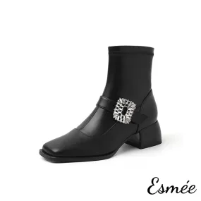 Leather High Heel Ankle Boots with Rhinestone Buckle