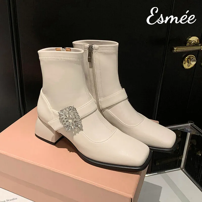 Leather High Heel Ankle Boots with Rhinestone Buckle
