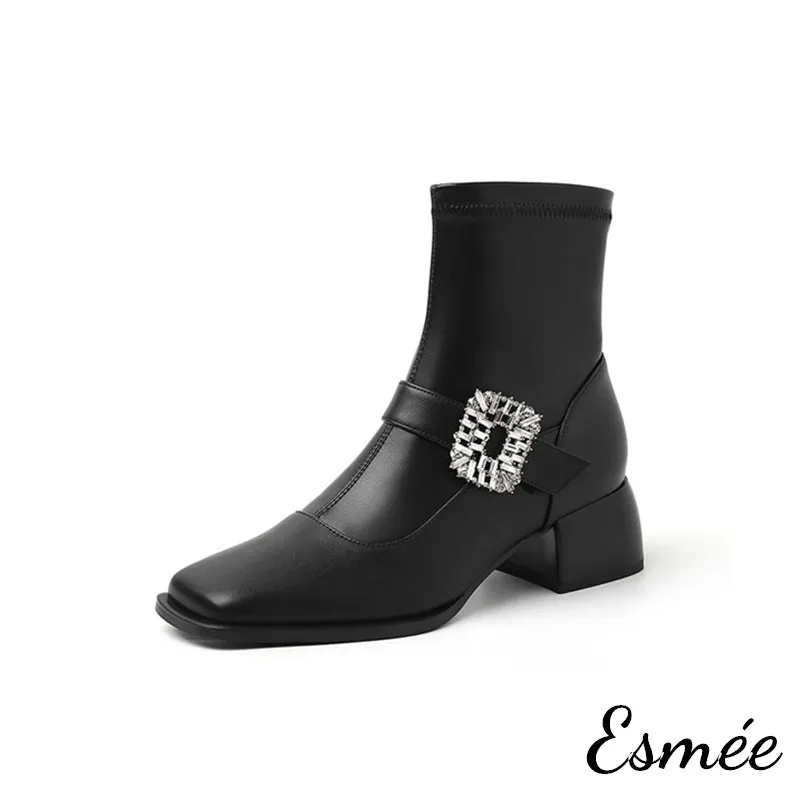 Leather High Heel Ankle Boots with Rhinestone Buckle