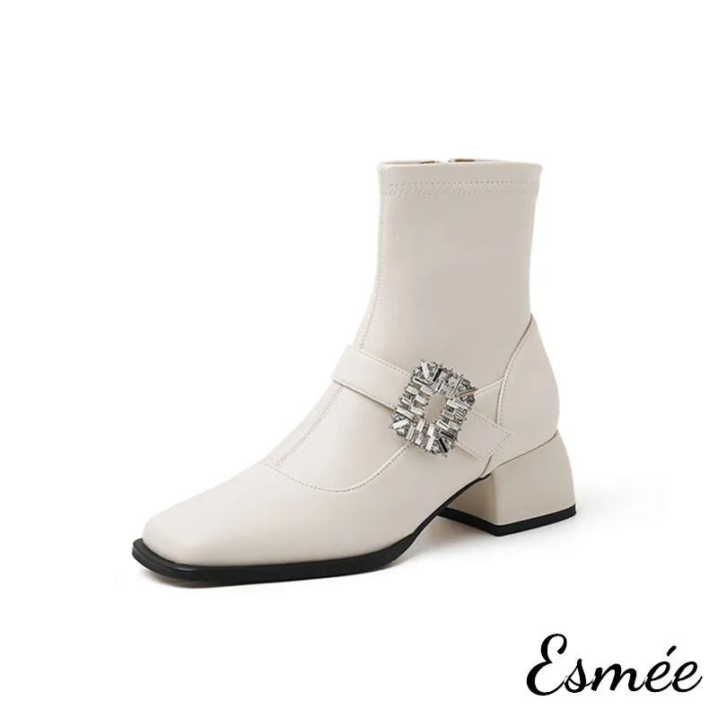 Leather High Heel Ankle Boots with Rhinestone Buckle