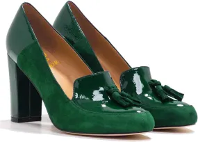 LEHOOR Women Chunky Block High Heel Fringed Pumps Round Toe, Slip On Dress Loafers with Tassel Suede Patent Leather Patchwork for Ladies Girls Office 4-15 M US