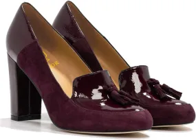 LEHOOR Women Chunky Block High Heel Fringed Pumps Round Toe, Slip On Dress Loafers with Tassel Suede Patent Leather Patchwork for Ladies Girls Office 4-15 M US