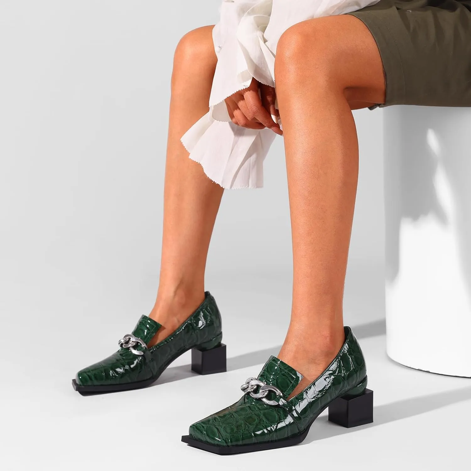 Loafers for Women Patent Leather Buckle Square Toe Chunky Block Dress Slip On Wide Casual Comfortable Dressy High Heels Ladies Comfort Moccasins Elegantes 2 Inch Shoes