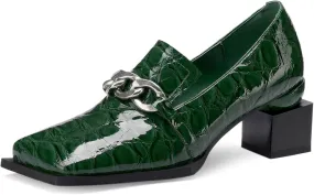 Loafers for Women Patent Leather Buckle Square Toe Chunky Block Dress Slip On Wide Casual Comfortable Dressy High Heels Ladies Comfort Moccasins Elegantes 2 Inch Shoes