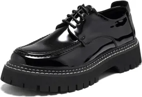 Men's Patent Leather Classic Loafers Round Toe Lug Sole Non-Slip Lace-Up Business Leather Shoes Fashionable Work Formal Oxford Shoes